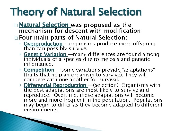 Theory of Natural Selection � Natural Selection was proposed as the mechanism for descent