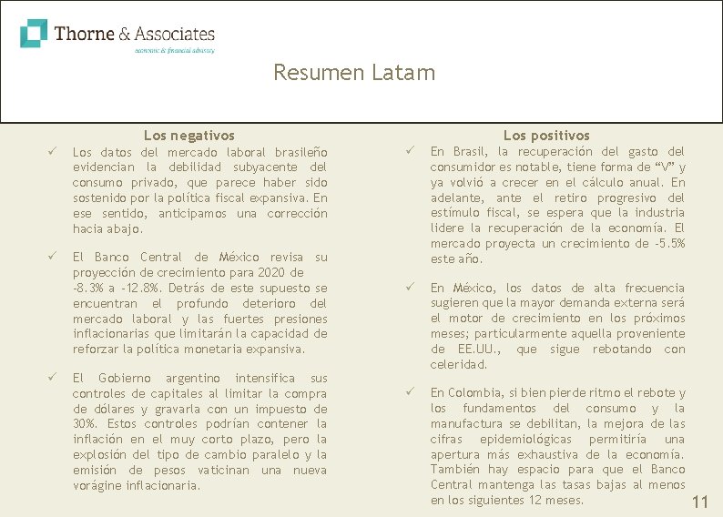 Resumen Latam Los positivos Los negativos ü Los datos del mercado laboral brasileño evidencian