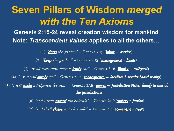 Seven Pillars of Wisdom merged with the Ten Axioms Genesis 2: 15 -24 reveal