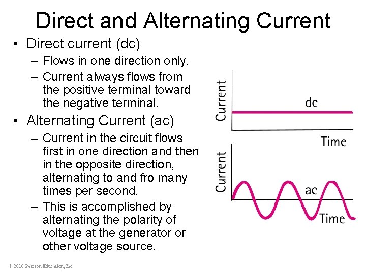 Direct and Alternating Current • Direct current (dc) – Flows in one direction only.