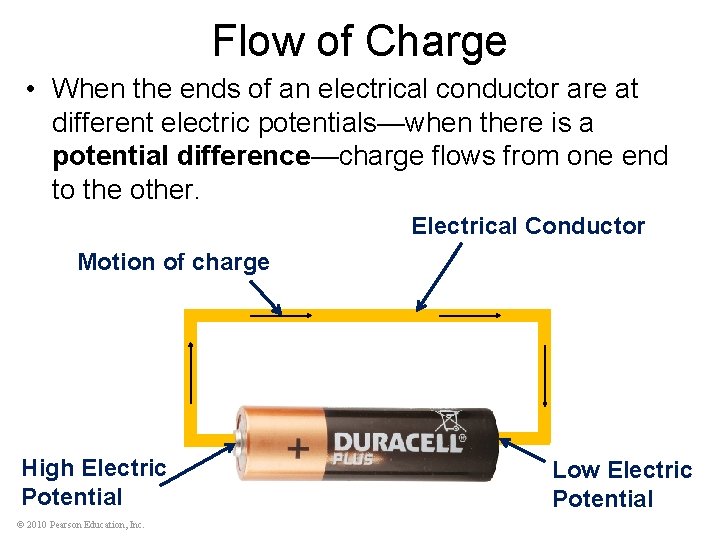 Flow of Charge • When the ends of an electrical conductor are at different