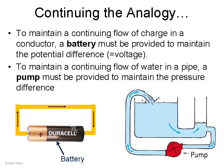 Continuing the Analogy… • To maintain a continuing flow of charge in a conductor,