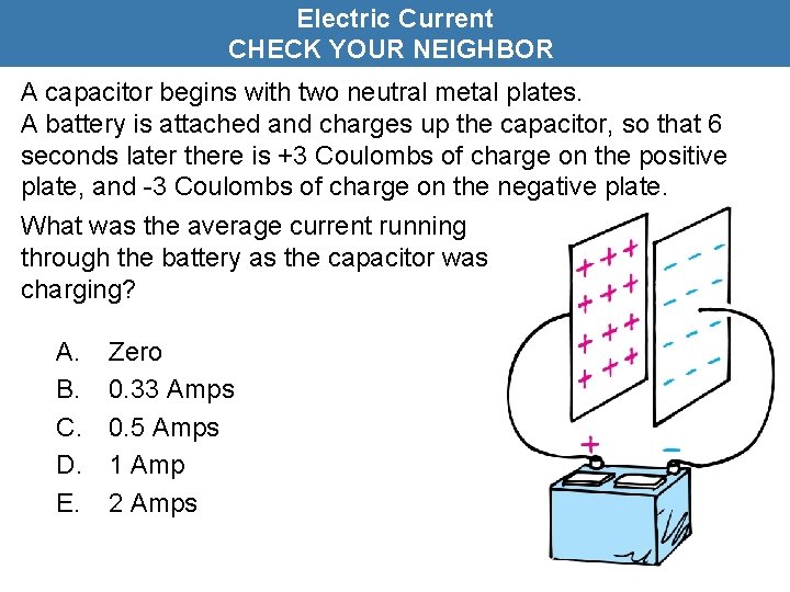 Electric Current CHECK YOUR NEIGHBOR A capacitor begins with two neutral metal plates. A