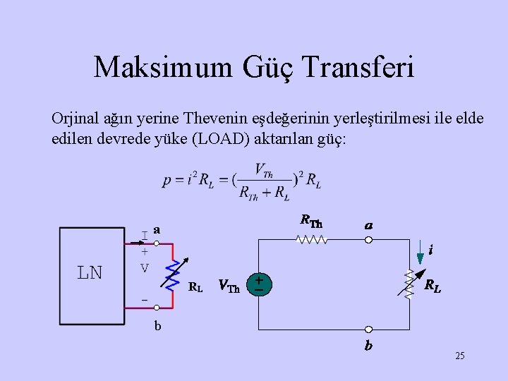 Maksimum Güç Transferi Orjinal ağın yerine Thevenin eşdeğerinin yerleştirilmesi ile elde edilen devrede yüke