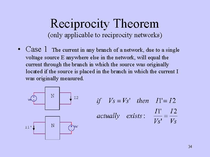 Reciprocity Theorem (only applicable to reciprocity networks) • Case 1 The current in any