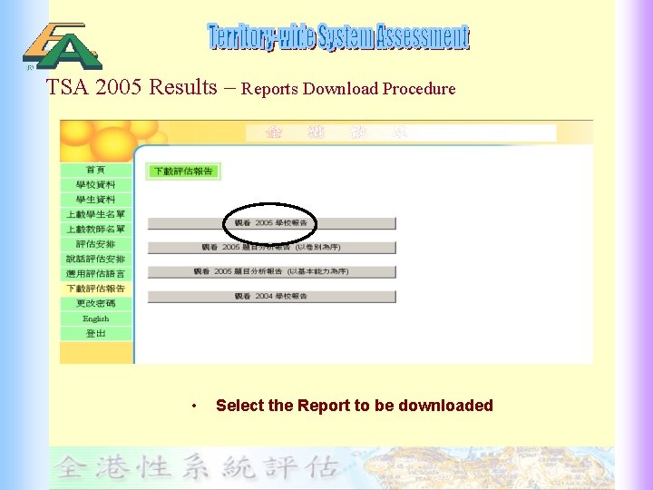 TSA 2005 Results – Reports Download Procedure • Select the Report to be downloaded