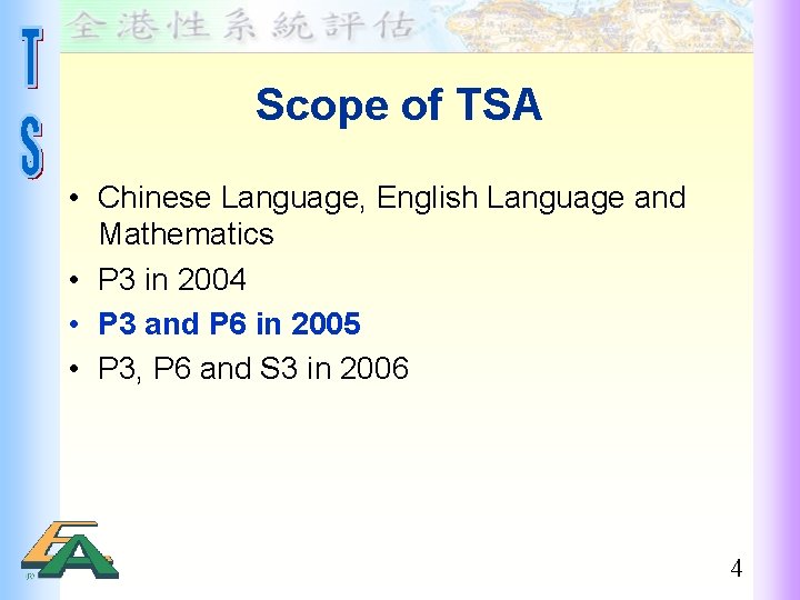 Scope of TSA • Chinese Language, English Language and Mathematics • P 3 in