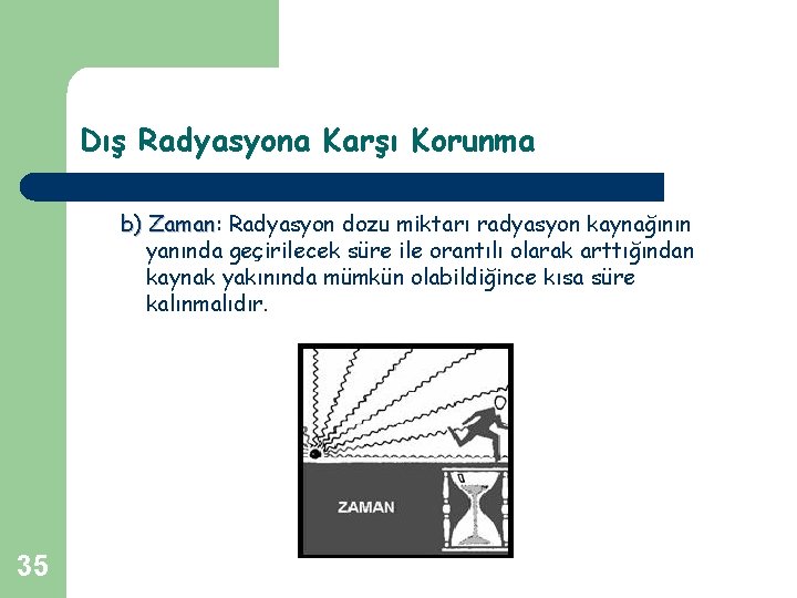 Dış Radyasyona Karşı Korunma b) Zaman: Zaman Radyasyon dozu miktarı radyasyon kaynağının yanında geçirilecek