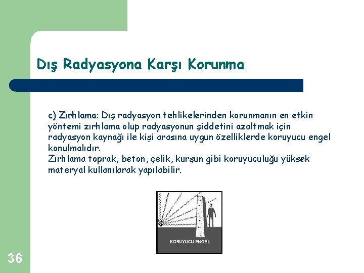 Dış Radyasyona Karşı Korunma c) Zırhlama: Zırhlama Dış radyasyon tehlikelerinden korunmanın en etkin yöntemi