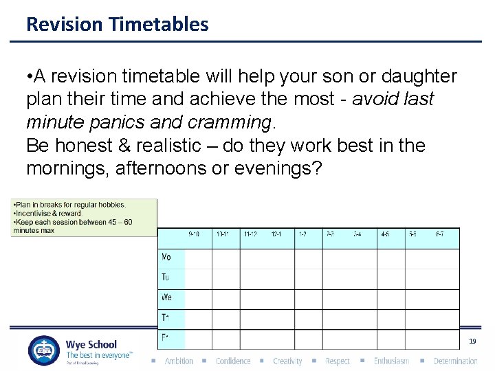 Revision Timetables • A revision timetable will help your son or daughter plan their