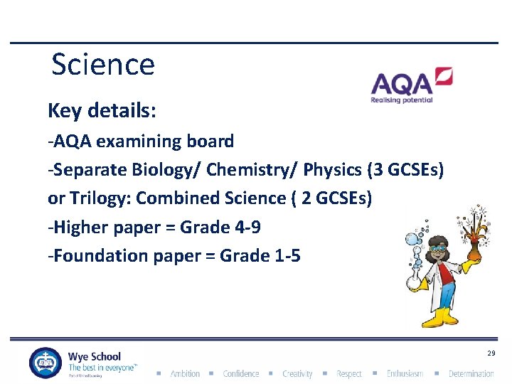 Science Key details: -AQA examining board -Separate Biology/ Chemistry/ Physics (3 GCSEs) or Trilogy: