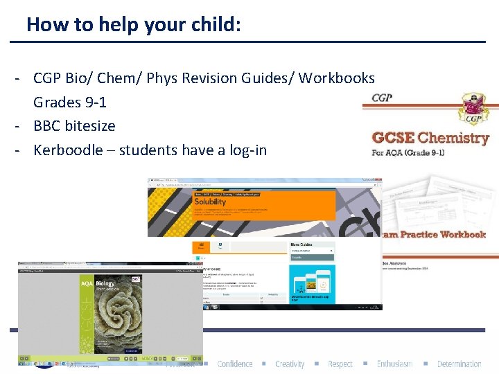 How to help your child: - CGP Bio/ Chem/ Phys Revision Guides/ Workbooks Grades