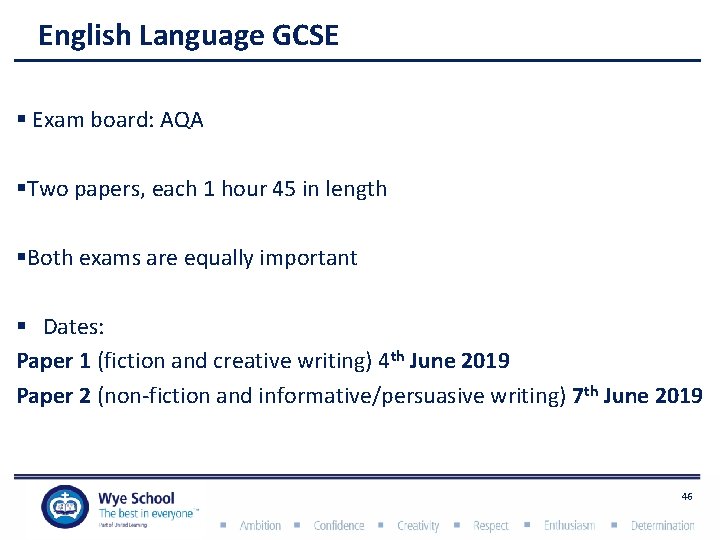 English Language GCSE § Exam board: AQA §Two papers, each 1 hour 45 in