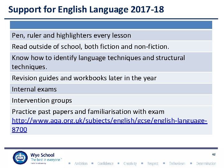 Support for English Language 2017 -18 Pen, ruler and highlighters every lesson Read outside