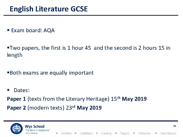 English Literature GCSE § Exam board: AQA §Two papers, the first is 1 hour