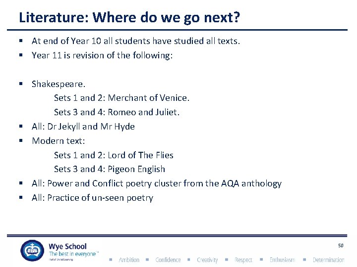 Literature: Where do we go next? § At end of Year 10 all students