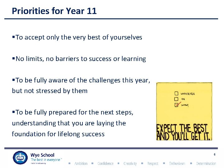 Priorities for Year 11 §To accept only the very best of yourselves §No limits,