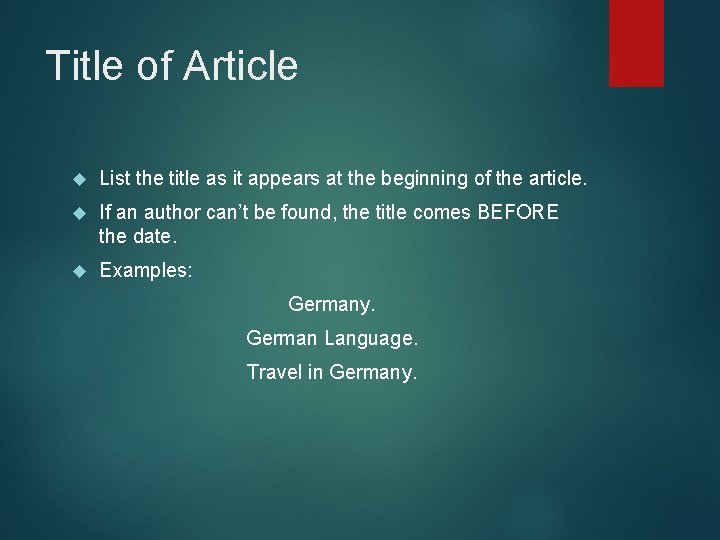 Title of Article List the title as it appears at the beginning of the