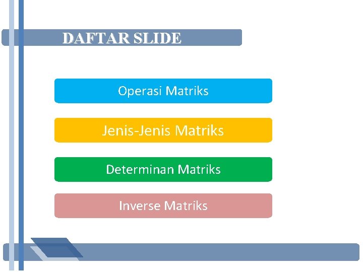 DAFTAR SLIDE Operasi Matriks Jenis-Jenis Matriks Determinan Matriks Inverse Matriks 