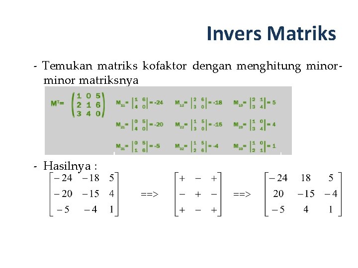 Invers Matriks - Temukan matriks kofaktor dengan menghitung minor matriksnya - Hasilnya : ==>