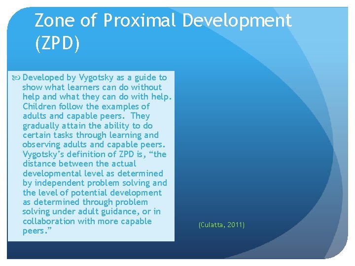 Zone of Proximal Development (ZPD) Developed by Vygotsky as a guide to show what