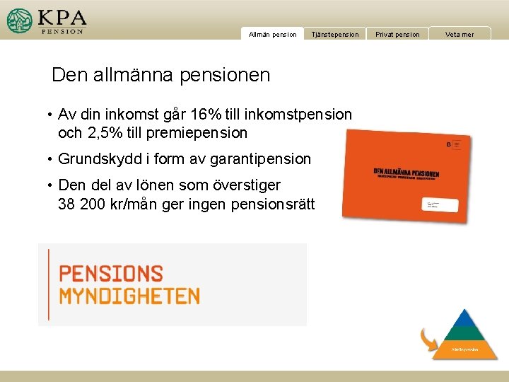 Allmän pension Tjänstepension Den allmänna pensionen • Av din inkomst går 16% till inkomstpension