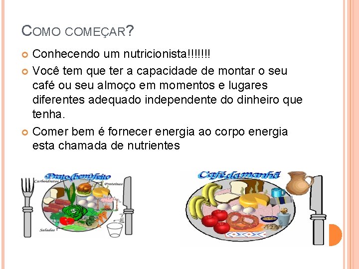 COMO COMEÇAR? Conhecendo um nutricionista!!!!!!! Você tem que ter a capacidade de montar o