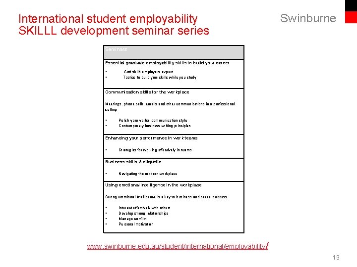 International student employability SKILLL development seminar series Swinburne Seminars Essential graduate employability skills to