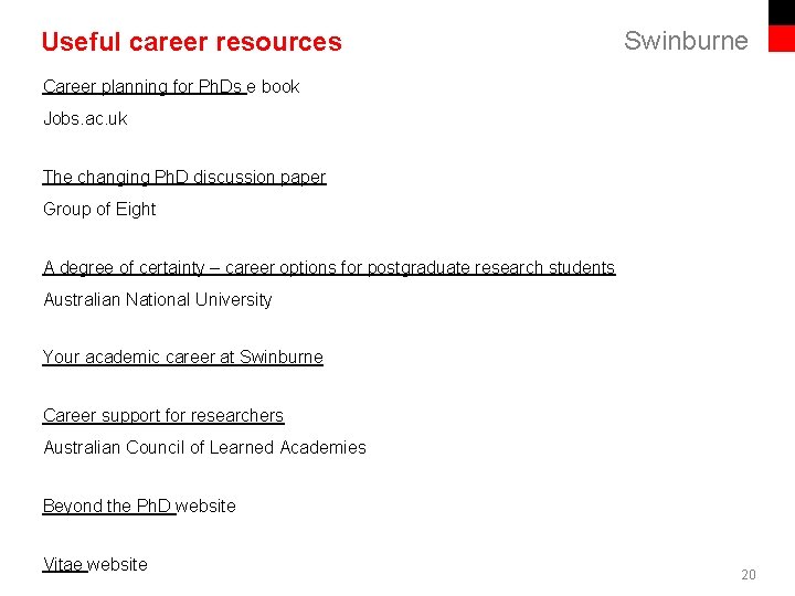 Useful career resources Swinburne Career planning for Ph. Ds e book Jobs. ac. uk