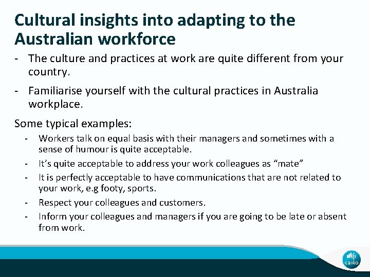 Cultural insights into adapting to the Australian workforce - The culture and practices at