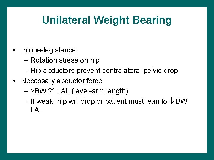 Unilateral Weight Bearing • In one-leg stance: – Rotation stress on hip – Hip