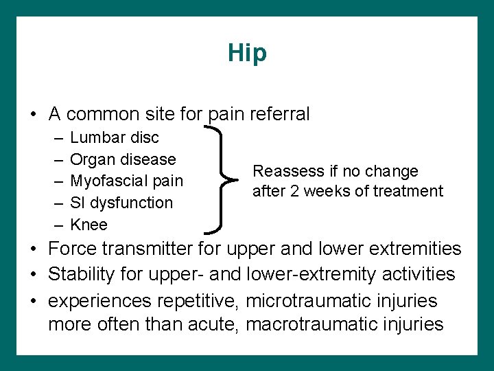 Hip • A common site for pain referral – – – Lumbar disc Organ