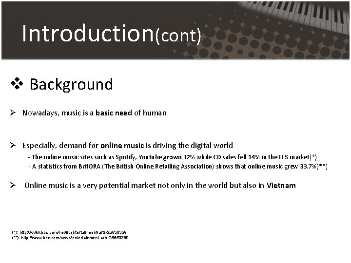 Introduction(cont) v Background Ø Nowadays, music is a basic need of human Ø Especially, Introduction(cont) v Background Ø Nowadays, music is a basic need of human Ø Especially,