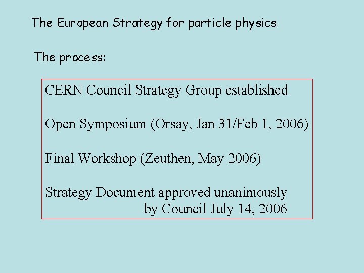 The European Strategy for particle physics The process: CERN Council Strategy Group established Open