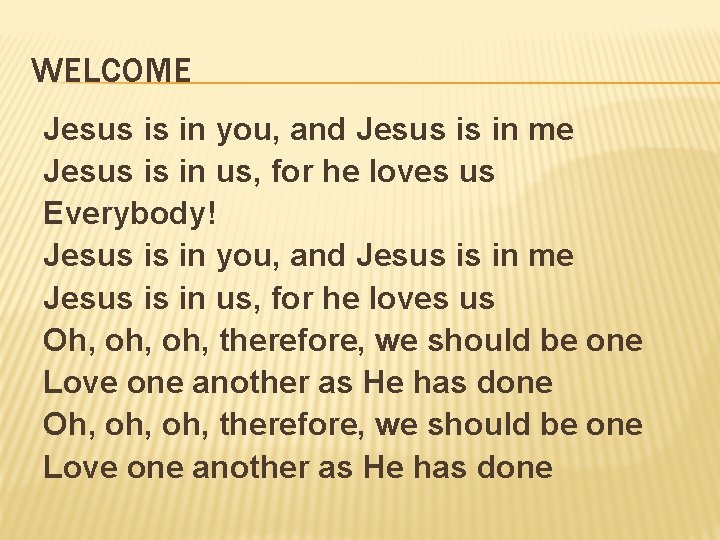 WELCOME Jesus is in you, and Jesus is in me Jesus is in us,