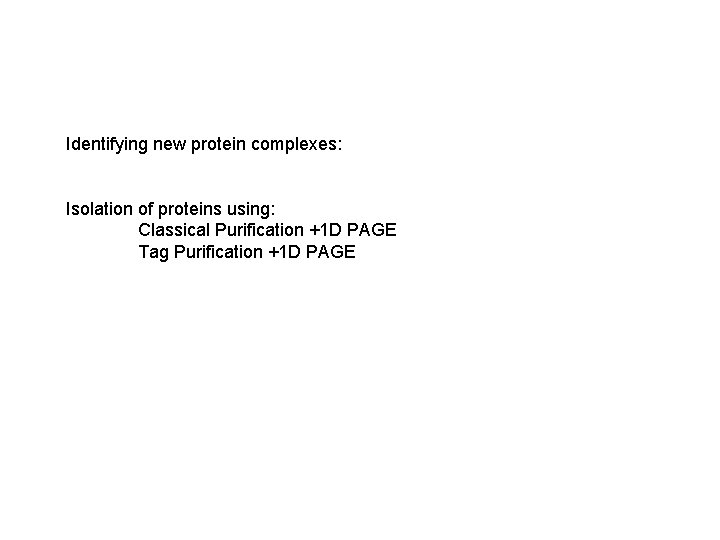 Identifying new protein complexes: Isolation of proteins using: Classical Purification +1 D PAGE Tag
