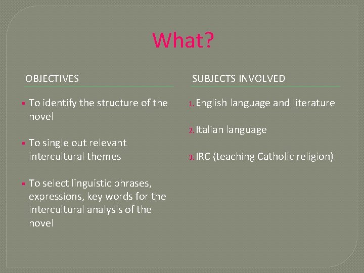 What? OBJECTIVES § § § To identify the structure of the novel To single