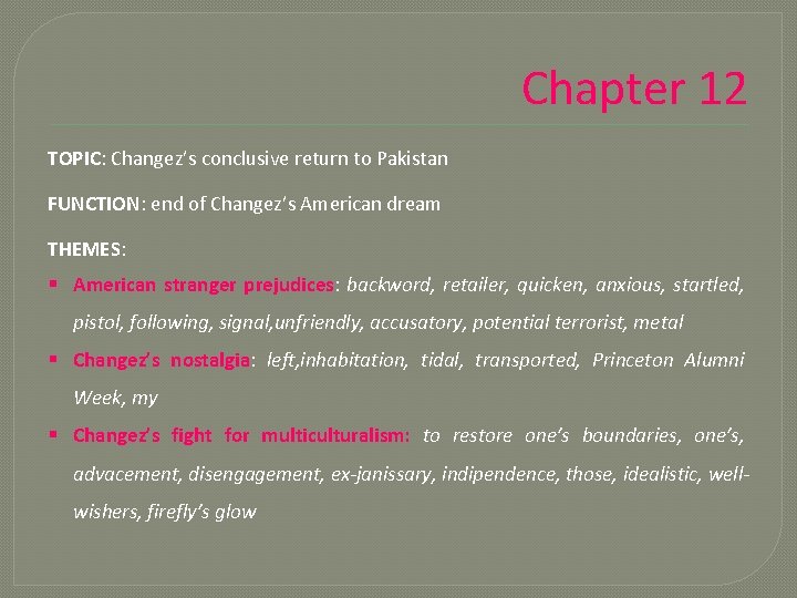 Chapter 12 TOPIC: Changez’s conclusive return to Pakistan FUNCTION: end of Changez’s American dream