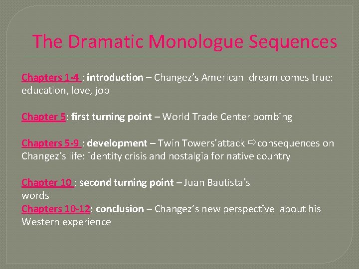 The Dramatic Monologue Sequences Chapters 1 -4 : introduction – Changez’s American dream comes