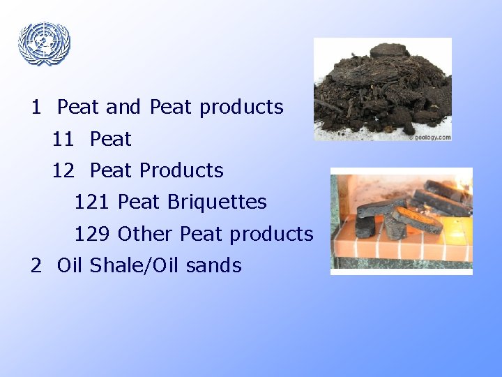 1 Peat and Peat products 11 Peat 12 Peat Products 121 Peat Briquettes 129