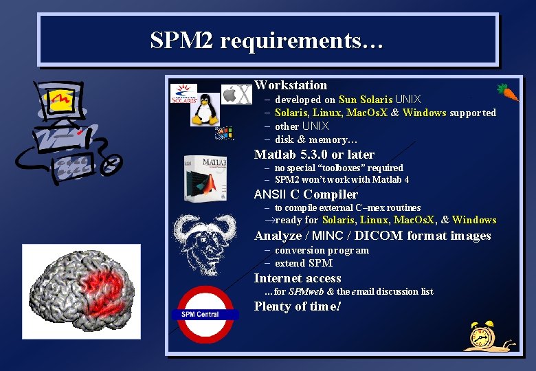 SPM 2 requirements… Workstation – – developed on Sun Solaris UNIX Solaris, Linux, Mac.