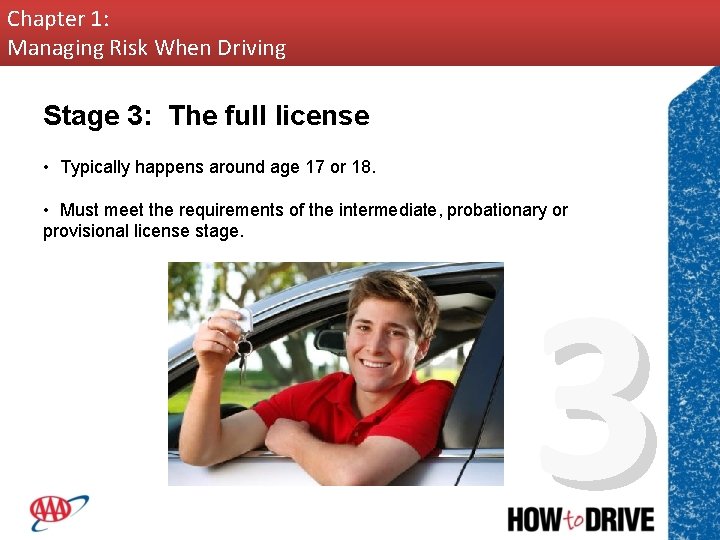 Chapter 1: Managing Risk When Driving Stage 3: The full license • Typically happens