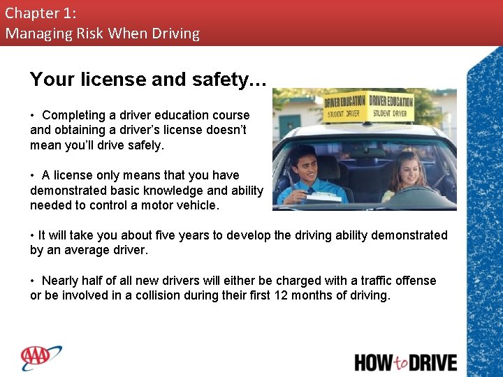 Chapter 1: Managing Risk When Driving Your license and safety… • Completing a driver