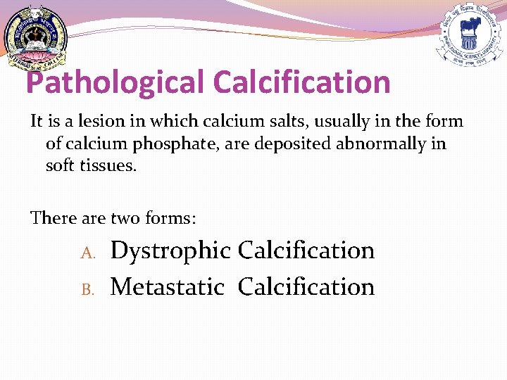 Pathological Calcification It is a lesion in which calcium salts, usually in the form