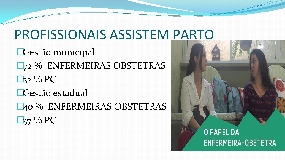 PROFISSIONAIS ASSISTEM PARTO �Gestão municipal � 72 % ENFERMEIRAS OBSTETRAS SMS � 32 %