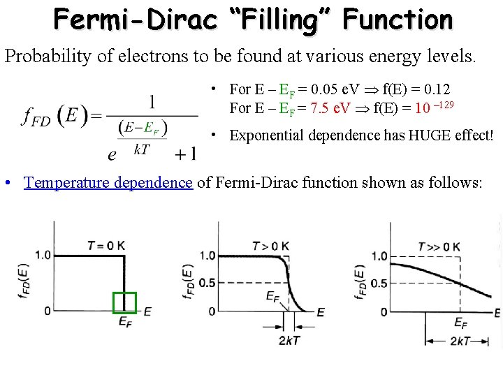 Fermi-Dirac “Filling” Function Probability of electrons to be found at various energy levels. •