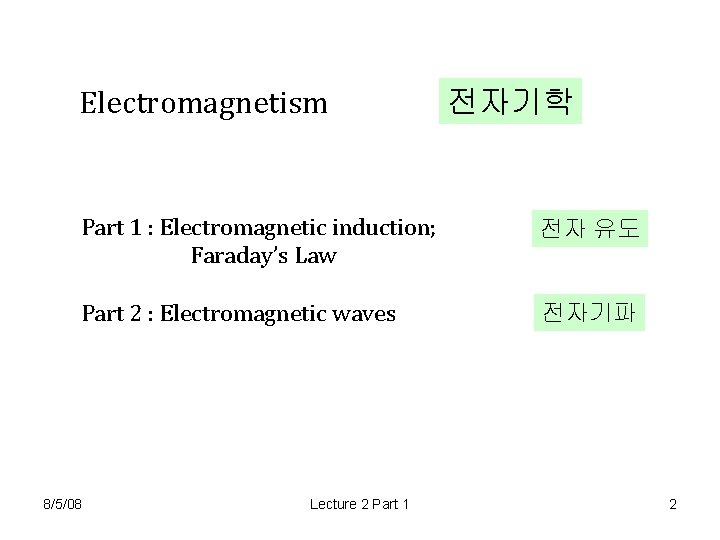 Electromagnetism 전자기학 Part 1 : Electromagnetic induction; Faraday’s Law 전자 유도 Part 2 : Electromagnetism 전자기학 Part 1 : Electromagnetic induction; Faraday’s Law 전자 유도 Part 2 :