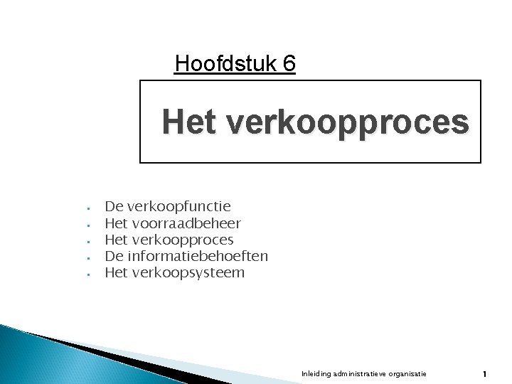 Hoofdstuk 6 Het verkoopproces • • • De verkoopfunctie Het voorraadbeheer Het verkoopproces De