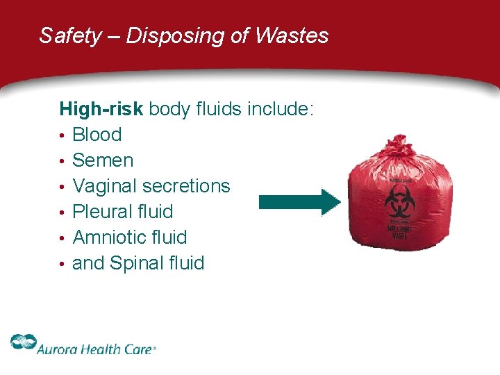 Safety – Disposing of Wastes High-risk body fluids include: • Blood • Semen • Safety – Disposing of Wastes High-risk body fluids include: • Blood • Semen •