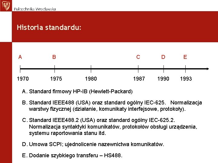 Historia standardu: A B 1970 1975 1980 C D E 1987 1990 1993 A.